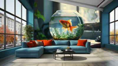 A goldfish is seen in a bowl placed on a table, A single goldfish in a fishbowl with plants and decorations, AI Generated Wall mural