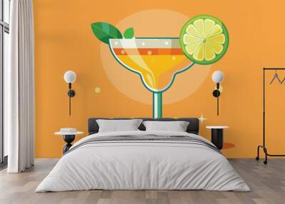 A margarita cocktail sits elegantly with lime and mint, featuring bright colors perfect for summer relaxation, Customizable flat illustration of a margarita cocktail. Wall mural