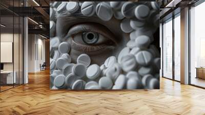 A person with a multitude of white pills arranged around their eyes in a circular pattern, A satirical representation of society's blind acceptance of prescription opioids, AI Generated Wall mural