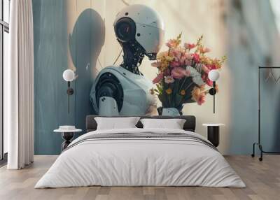 A robot holding a colorful bouquet of flowers in its metal hand, showcasing the blending of technology and nature, A humanoid robot holding a bouquet of flowers, AI Generated Wall mural