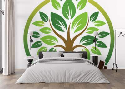 A tree with green leaves and a pair of dumbs hanging from its branches, An elegant logo of a tree to symbolize growth and renewal within the fitness journey Wall mural