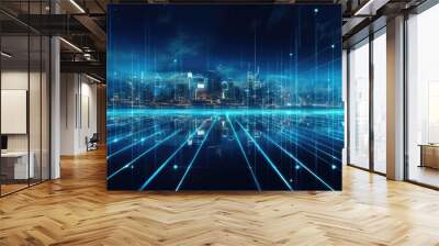 abstract digital technology concept with cityscape and binary code in blue tone, A futuristic urban city backdrop with blue network connection lines and a hologram effect, AI Generated Wall mural