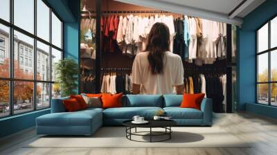 back view of young woman looking at clothes in clothing store on blurred background, A girl in loose fitting clothes is choosing clothes in a store, brown long hair, hanger with a Tshirt, AI Generated Wall mural