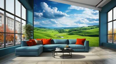 Beautiful summer landscape with green meadow and blue sky with clouds, Hilly green landscape view with green grass and beautiful sky, AI Generated Wall mural