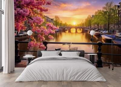 Bicycle in Amsterdam, Netherlands. Beautiful spring landscape in Holland, Beautiful sunrise over Amsterdam, The Netherlands, with flowers and bicycles on the bridge in spring, AI Generated Wall mural