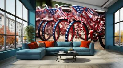 Bicycles parked in a row with American flags in the background, Decorated bicycles lined up for a Fourth of July parade, Independence Day, AI Generated Wall mural