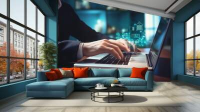 Close up of businessman hands working on laptop with house hologram over it, Real estate concept with a businessman's hand working on a laptop computer featuring a house icon on the, AI Generated Wall mural