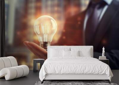 Close up of businessman holding glowing light bulb in palm. Idea concept, Businessman on blurred background using glowing lightbulb with his hand 3D rendering, AI Generated Wall mural