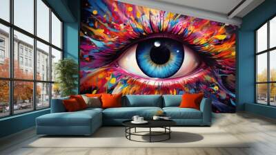 Colorful eye with abstract background. Psychedelic eye painting, Colorful eye painting, AI Generated Wall mural