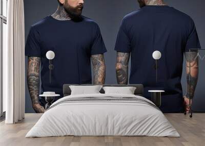 Cropped image of tattooed man in dark blue tshirt, Male model wearing a dark navy blue half sleeves tshirt on a White background, front view and back view, top section cropped, AI Generated Wall mural