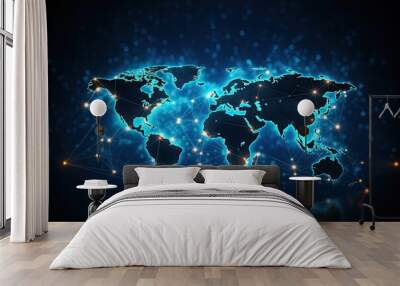 Digital world map on blue background. 3d rendering toned image double exposure, Abstract world network connection on a glowing world map, Black background, AI Generated Wall mural