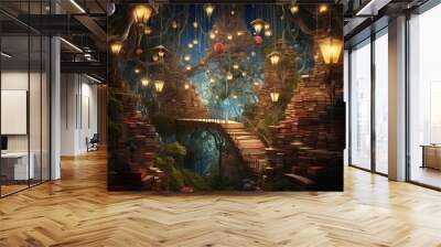 Fantasy landscape with magic tree and old books. 3D rendering, Enter a whimsical literary wonderland, where floating books create enchanting pathways of words and ideas, AI Generated Wall mural