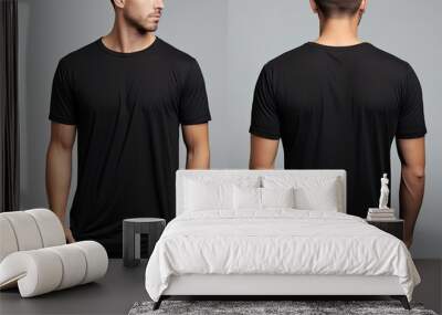 Front and back view of man in blank black t shirt isolated on grey, Male model wearing a black color Henley t-shirt on a White background, front view and back view, top section cropped, AI Generated Wall mural