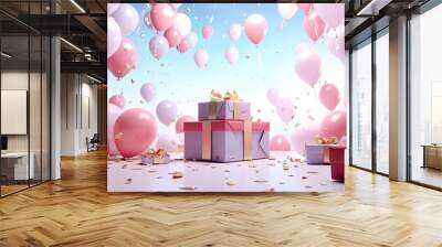 Gift boxes with pink balloons and confetti. 3d rendering, 3d render of birthday background with gift box, balloons and confetti, AI Generated Wall mural