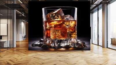 Glass of whiskey with ice cubes on wooden table. Black background, lass of whiskey with ice cubes on plain background, AI Generated Wall mural