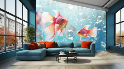 Goldfish in aquarium with bubbles and water background, underwater life concept, Underwater view of a pile of garbage in the ocean. 3d rendering, AI Generated Wall mural