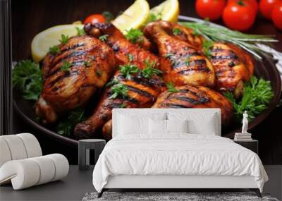 Grilled chicken legs with vegetables on plate on wooden table, closeup, Delicious grilled chicken, AI Generated Wall mural