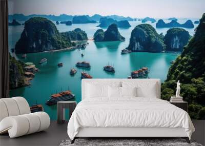 Halong Bay, Vietnam. Famous tourist attraction and popular travel destination, Beautiful landscape of Halong Bay viewed from above the Bo Hon Island, AI Generated Wall mural