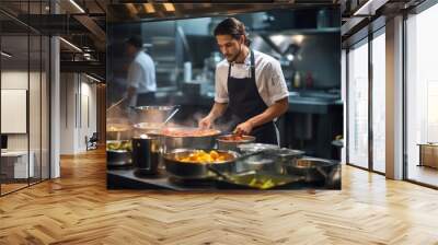 Handsome chef preparing food in commercial kitchen of hotel or restaurant, A gourmet chef cooking in a commercial kitchen, AI Generated Wall mural