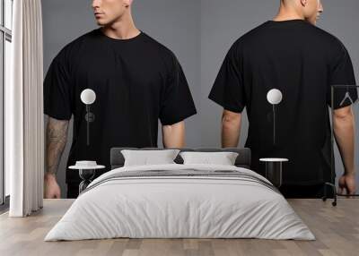 Male t shirt mockup, front, back and side view, Male model wearing a black color Henley t-shirt on a White background, front view and back view, top section cropped, AI Generated Wall mural