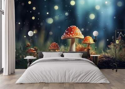 Mushrooms in the forest on a dark background. 3d rendering, Mushrooms in the forest with bokeh background. 3d rendering, AI Generated Wall mural