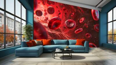 Red Blood Cells Floating in a Vein of Blood, Artistic representation of the blood cells under a microscope, AI Generated Wall mural