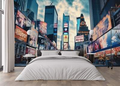 s Square, featured with Broadway Theaters and huge number of LED signs, is a symbol of New York City and the United States, Famous Times Square landmark in New York downtown with mock, AI Generated Wall mural