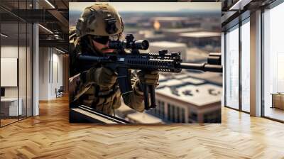 Shot of a special forces soldier on the roof of a building. A U.S. Army sniper looking through the scope on a building rooftop, AI Generated Wall mural