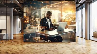 Side view of African American businessman using laptop in modern office with double exposure of network interface. Toned image, Double exposure of businessman working on laptop , AI Generated Wall mural