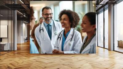 Smiling medical doctors with stethoscopes standing in a row, A group of happy doctors meeting at the hospital office, AI Generated Wall mural