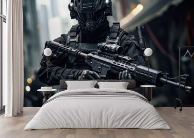 Special forces soldier with assault rifle in action. Special forces concept. A military special force with futuristic tactical gear and weapons, AI Generated Wall mural