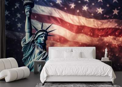 Statue of liberty with USA flag background. 3D Rendering, Statue of Liberty with the USA flag and fireworks, celebrating American Independence Day, AI Generated Wall mural