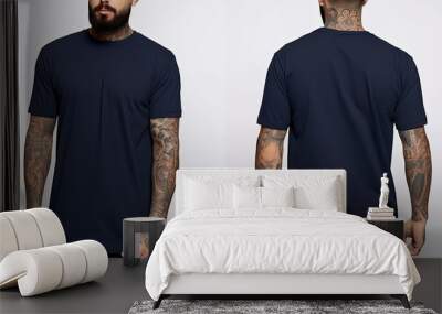 Tattooed man in a dark blue tshirt, Male model wearing a dark navy blue color solid tshirt on a White background, front view and back view, top section cropped, AI Generated Wall mural