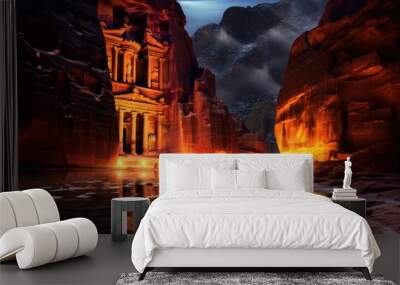 The ancient city of Petra in Jordan. Petra is one of the New Seven Wonders of the World, Al Khazneh in Petra, Jordan, at night, AI Generated Wall mural