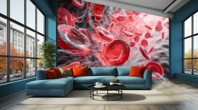 This photo captures the movement of red blood cells as they flow through a vein, contributing to the circulation of blood in the body, Stylized illustration of platelets forming a clot, AI Generated Wall mural