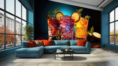 Three glasses filled with different types of drinks on a table, Welcome drink in a night club, AI Generated Wall mural