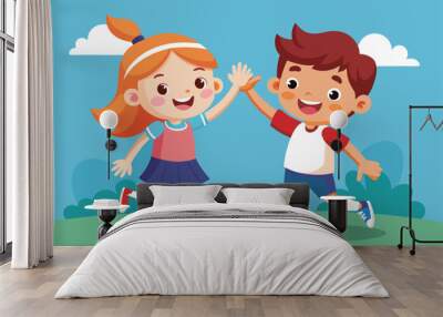 Two cheerful children are laughing and giving each other high fives in a vibrant park, Customizable cartoon illustration for kids to high five. Wall mural