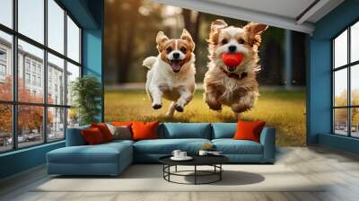 Two dogs running in the park with a red ball in their teeth, Two dogs running with red ball in mouth on green grass in park, AI Generated Wall mural