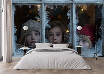 Two girls, both young, looking out of a window, Children peering out a frosted window on Christmas Eve, AI Generated Wall mural