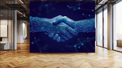 Two individuals engage in a handshake while abstract lines and dots form a backdrop, Two hands shaking, symbolizing secure online transactions, AI Generated Wall mural