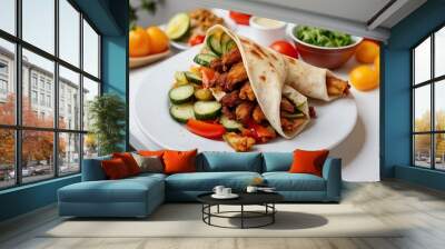 Delicious fresh Shawarma fast food with salad vegetables fried Served, juicy shawarma stuffed in bread, beef shawarma wraps with fresh vegetables Wall mural