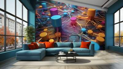 Digital technology and cyber security concept, abstract technology background of high speed global data transfer, futuristic neon hexagons, advanced technology networks Wall mural