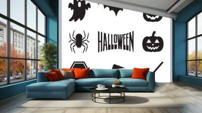 Set of logotype different type of black simple Halloween vector illustration silhouettes in white background, collection of Halloween silhouettes Wall mural