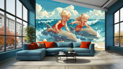 Boy girl and dolphin in the sea vector illustration Wall mural