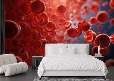 3d rendering of red blood cells in vein with depth of field, A 3D rendering of a blood vessel with blood cells flowing in one direction, AI Generated Wall mural