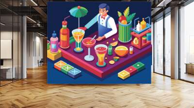 A bartender prepares various colorful cocktails at a lively cocktail bar, surrounded by fruit garnishes and drink ingredients, showcasing mixology skills Wall mural