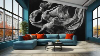 A black and white photograph of a woman gracefully moving in a flowing dress, Show the fluidity and grace in a powerful gesture Wall mural