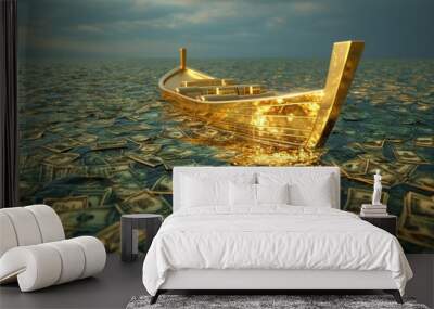 A boat peacefully floats on top of a body of water, with piles of money surrounding it, A golden ship sinking in a sea of money, symbolizing an economy drowning in inflation, AI Generated Wall mural