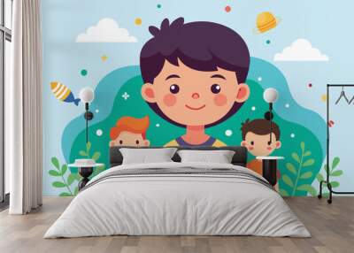 A cartoon illustration of three happy boys standing together, celebrating World Childrens Day, World children's day Customizable Disproportionate Illustration Wall mural