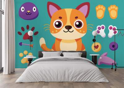 A cheerful cartoon cat's body parts are arranged for animation, showcasing vibrant colors and cute features ready for creative projects Wall mural